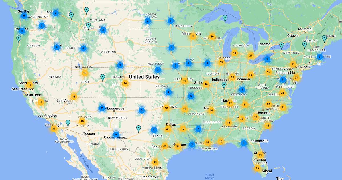 Map of the locations of plasma donation centers in the US.