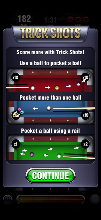 Trick shots for bonus points on the Pool Payday gaming app.