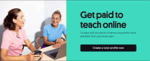 Preply tutor and student sitting at a desk with a laptop and mug, both smiling and talking