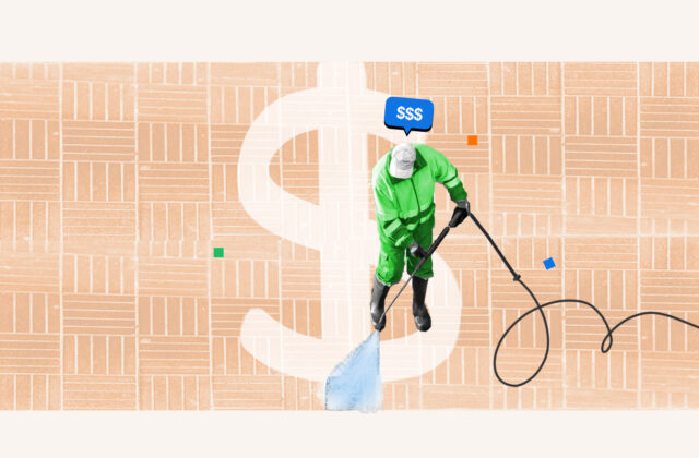 Pressure washer using their equipment in front of a background showing a dollar sign