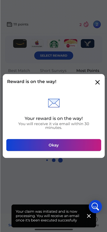 Pending rewards that we redeemed on Prime Opinion.