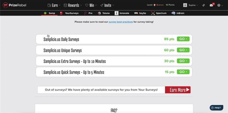 PrizeRebel offering extra surveys from the third-party survey provider Samplicio.us, along with other providers.