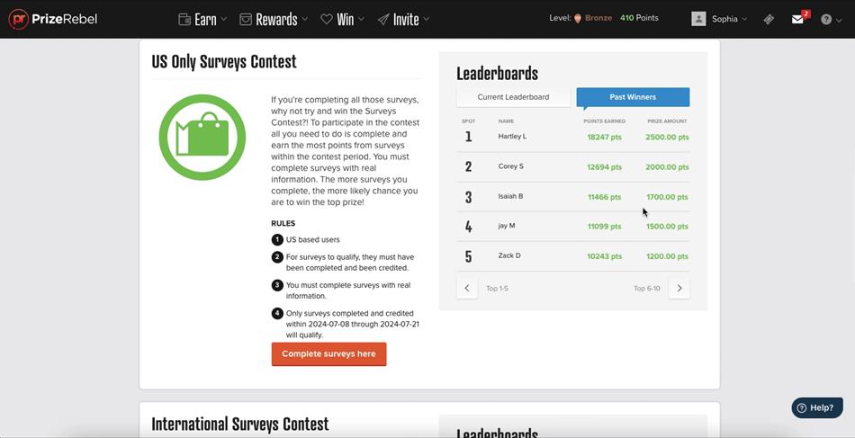 Viewing the US surveys leaderboard on the PrizeRebel rewards site.
