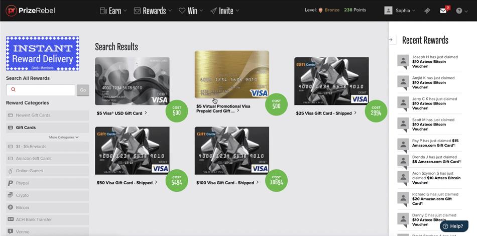 Visa prepaid card redemption options on the PrizeRebel rewards site.
