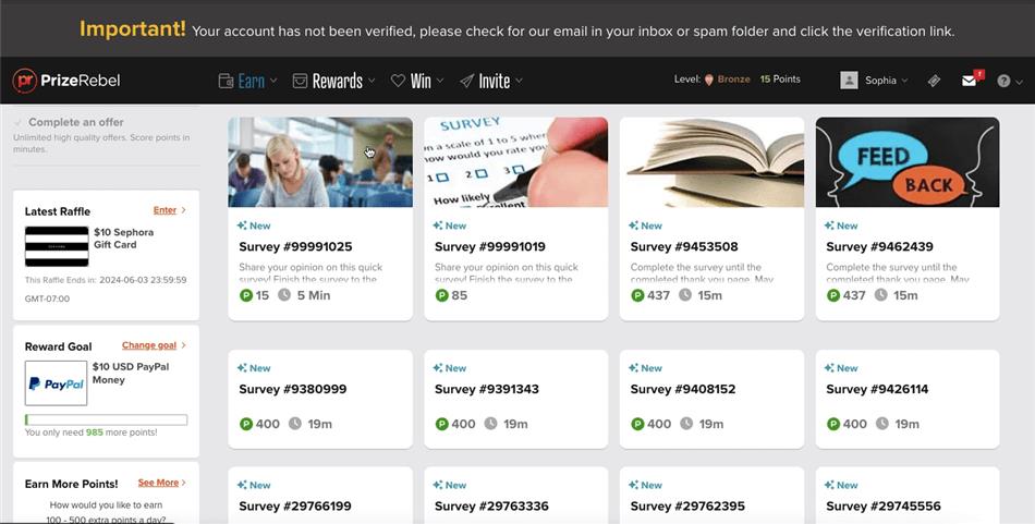 Selection of surveys on the PrizeRebel rewards site.