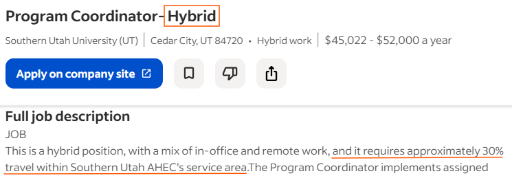 Screenshot of a hybrid job post on Indeed showing that 30% of travel is required. 