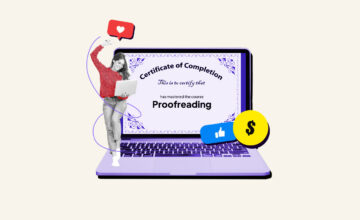 Freelance proofreader standing next to laptop showing proofreading certification
