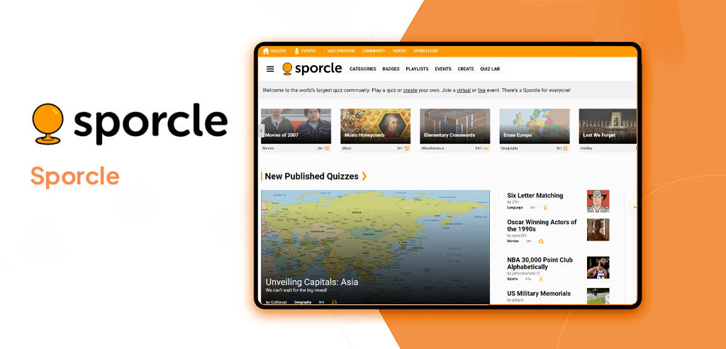 Screenshot showing the Sporcle homepage