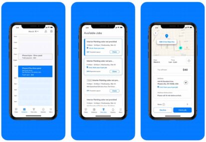 Three phones displaying scheduling, job lists, and map areas in the Puls Technician app