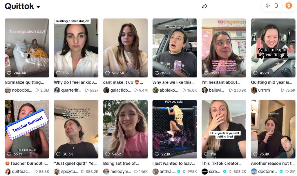 Screenshot of TikTok videos that appear under the QuitTok community.