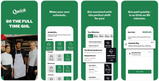 Four images displaying Qwick scheduling options, listed jobs, and payment options