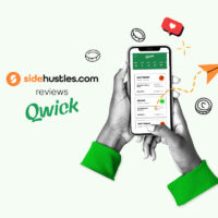 Two hands holding a smartphone displaying available jobs in the Qwick app