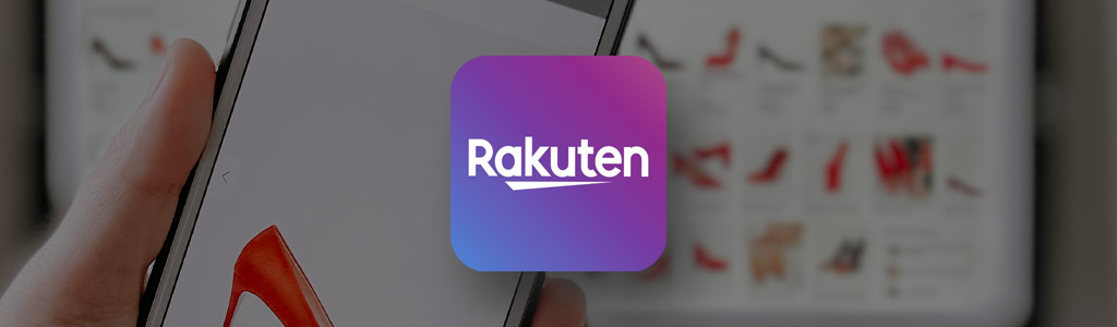 Rakuten logo against the background of someone shopping on their phone