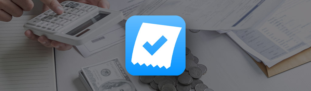 ReceiptPal logo against a background of receipts. a calculator, and cash