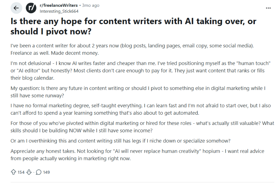 Reddit post questioning the viability of content writing after the rise of AI.