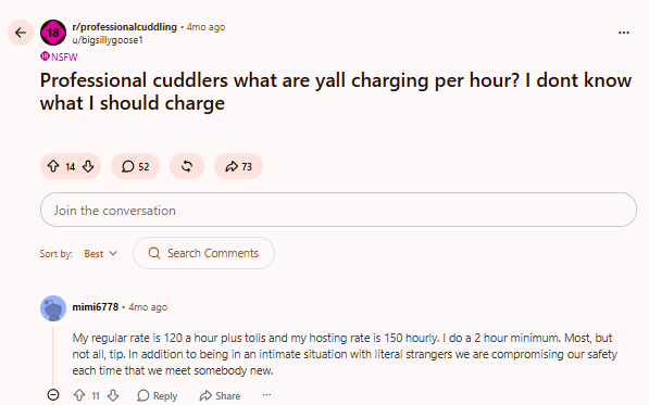 Screenshot of Reddit post discussing pricing for professional cuddling sessions.