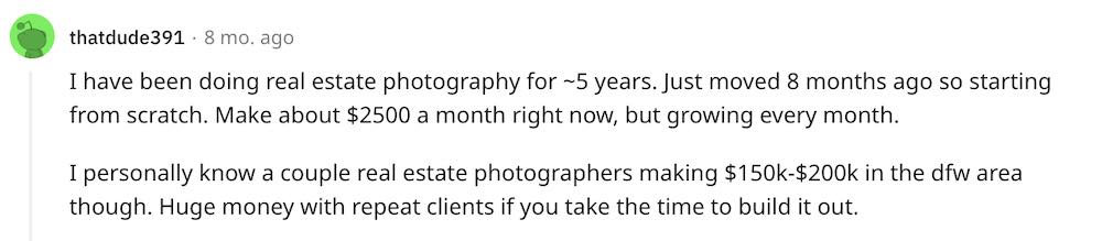 Reddit screenshot of a real estate photographer discussing their income