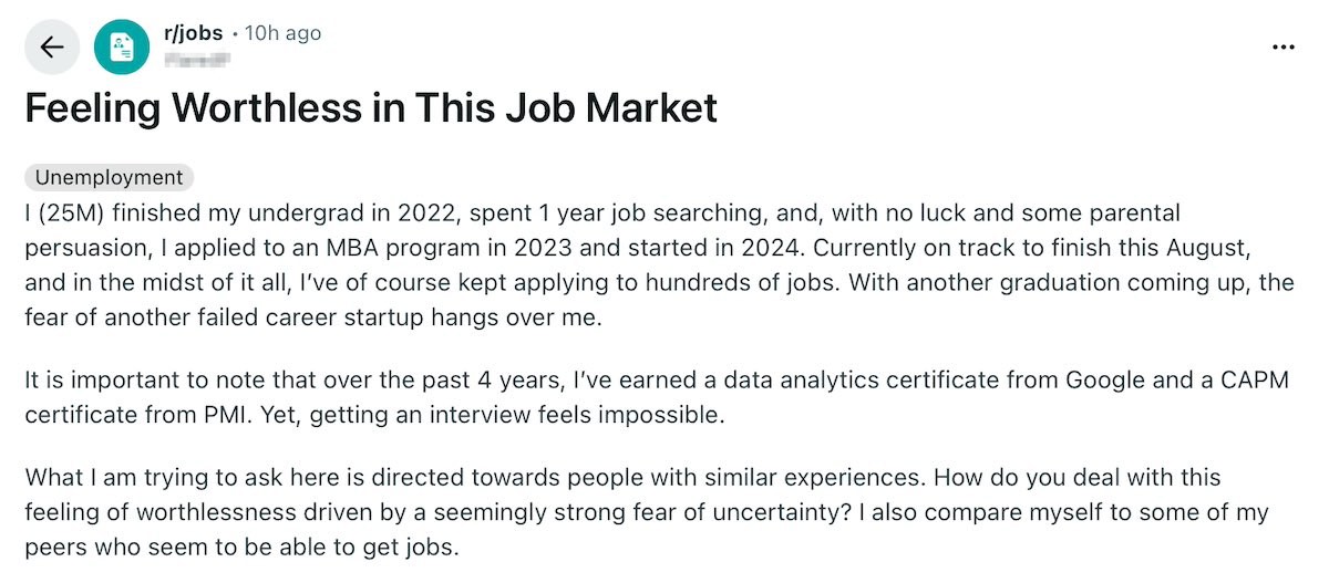 Reddit screenshot from a candidate complaining about a lack of hiring opportunities.