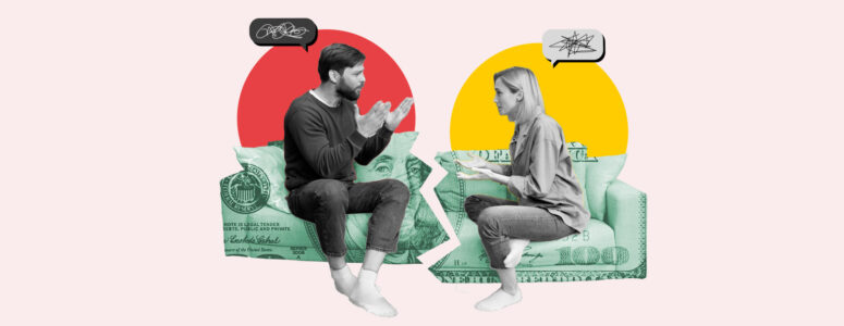 Couple sitting on a broken couch with a dollar bill pattern and arguing with each other about money
