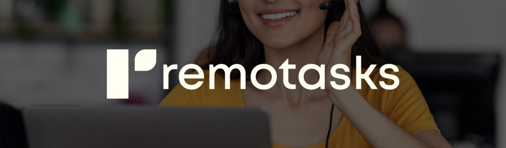 Remotasks logo against a darkened background showing a freelancer using a call center headset
