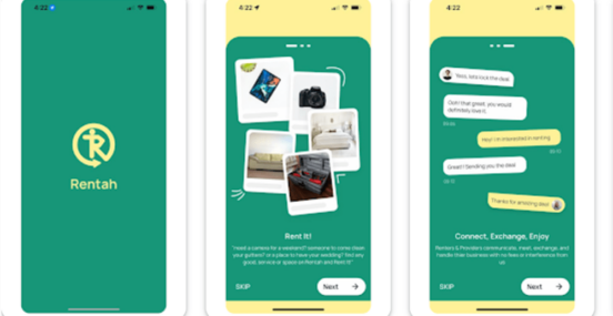 Screenshots of the Rentah mobile app for renting out your things for profit