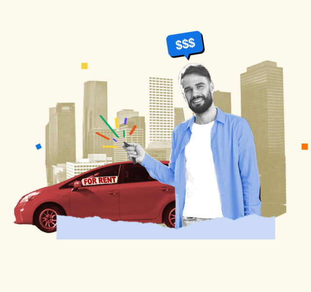 Person holding car keys standing in front of a car they just rented from someone with a car rental side hustle