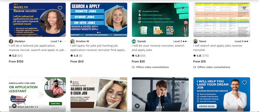 Screenshot of reverse recruiters on Fiverr.