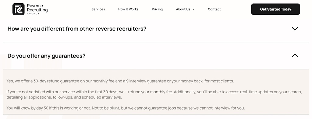 Screenshot of Reverse Recruiting Agency's FAQs, highlighting the guarantees they offer.