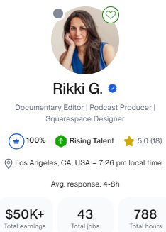 Screenshot of Rikki Gunton's Upwork profile.