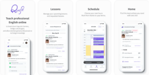 Four screenshots of the Ringle English tutoring mobile app showing lessons and scheduling features