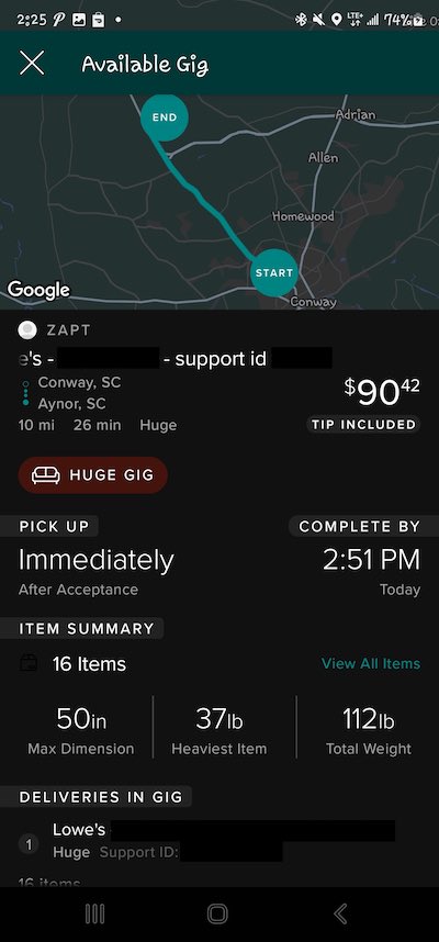 Details of a Huge delivery order in the Roadie app.