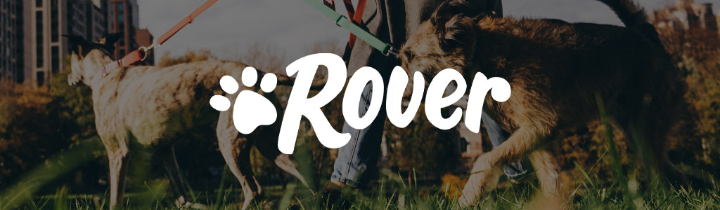 Rover logo against a background showing someone walking two dogs outdoors