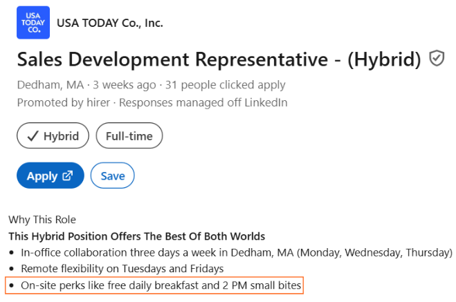 Screenshot of LinkedIn job post listing on-site perks like daily breakfast and snacks at 2 PM.