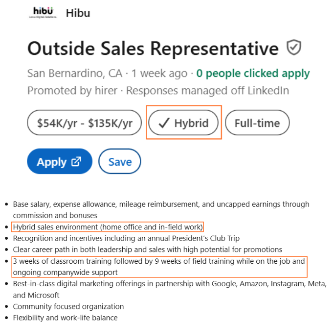 Screenshot of LinkedIn job post showing role with in-field sales duties. 