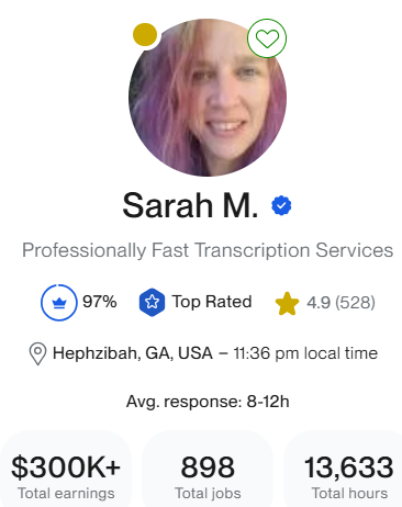 Screenshot of Sarah Mason's Upwork profile overview.