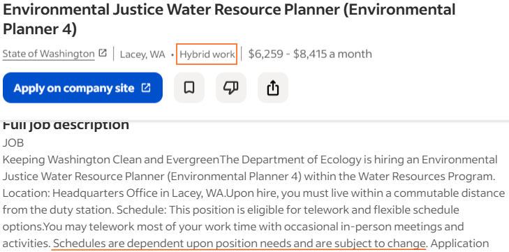 Screencap from Indeed job post tagged as “hybrid work” while job description indicates the schedule may change.