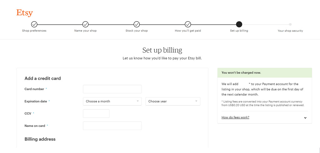 Screenshot of the Etsy page allowing you to set up billing