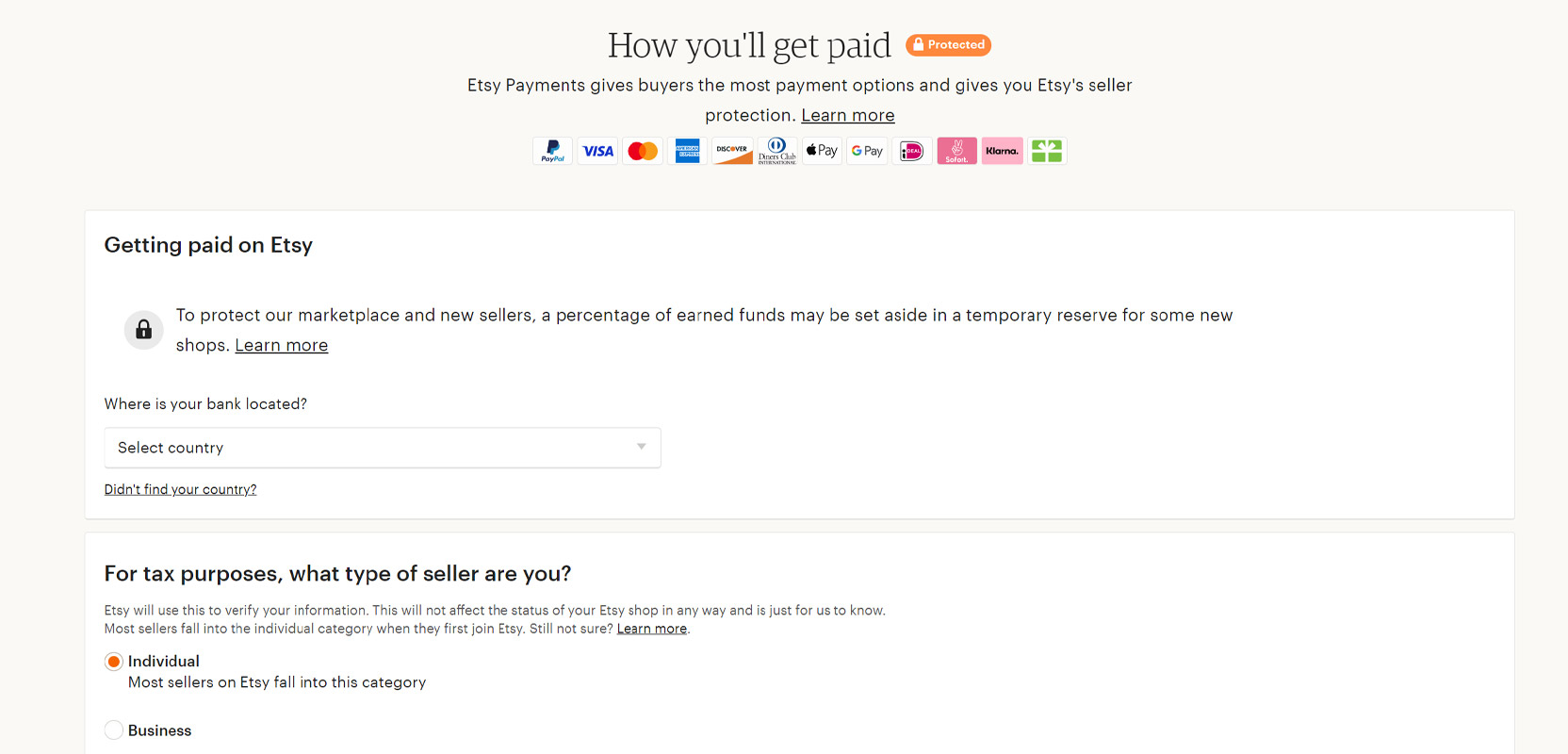 Screenshot of the Etsy page explaining your payment options