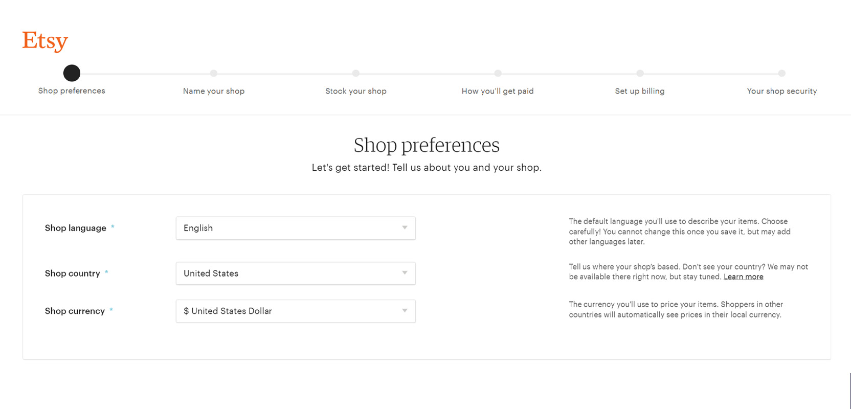 Screenshot of the Etsy shop preferences page