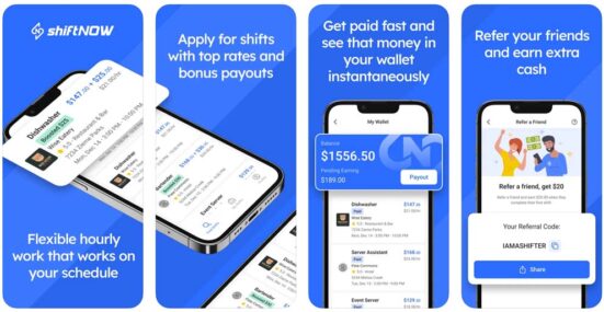 Screenshots of the shiftNOW mobile app for gig workers looking to pick up local shifts