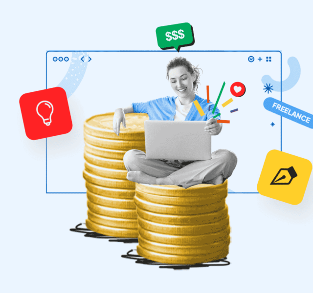 Woman sitting on a pile of coins and working on a laptop surrounded by icons representing different side hustle ideas