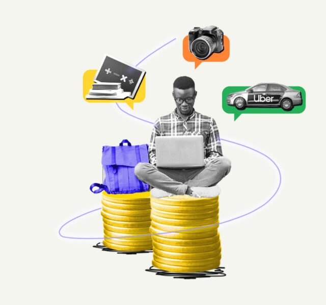 College student sitting on a pile of money exploring side hustles on their laptop