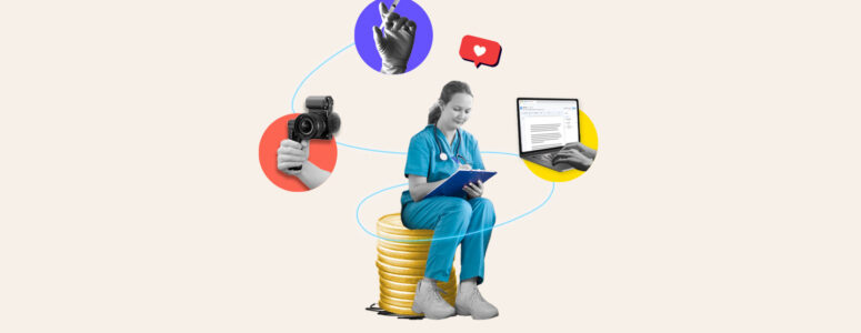 Nurse surrounded by different icons representing possible side hustles