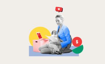 Single mom balancing her child in her lap and working on a side hustle on her laptop