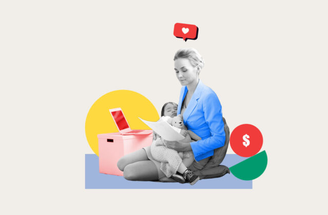 Single mom balancing her child in her lap and working on a side hustle on her laptop