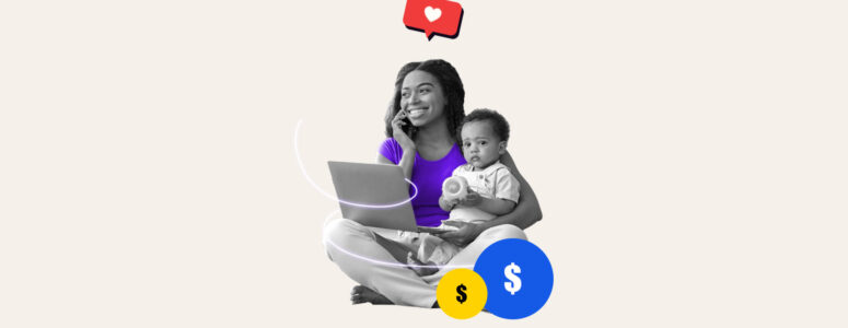 Stay-at-home mom working on a side hustle while holding her child