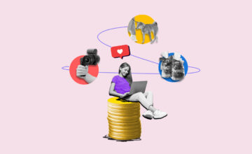 Teenager sitting on stack of coins surrounded by icons representing side hustles for teens