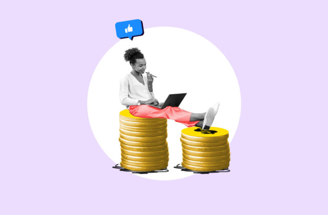 Female freelancer sitting on a pile of coins representing side hustles for women