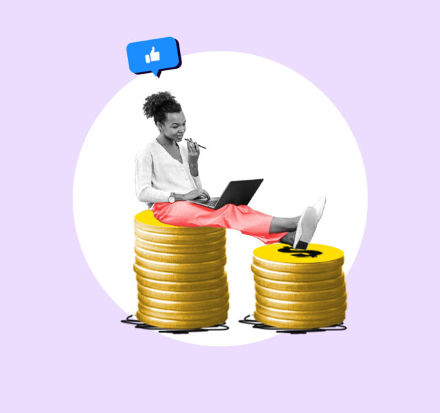 Female freelancer sitting on a pile of coins representing side hustles for women