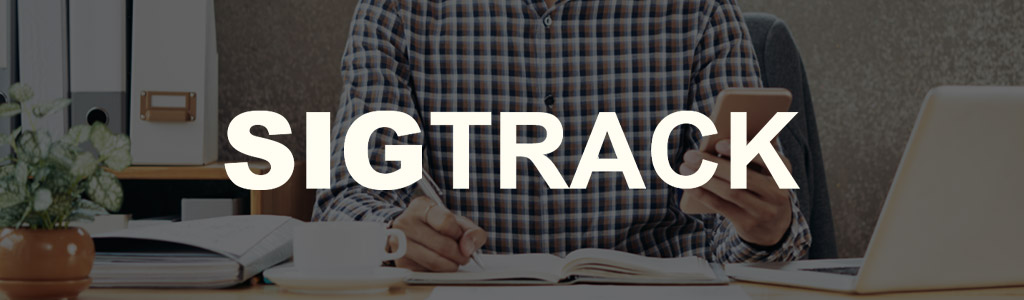 SigTrack logo against a darkened background showing a freelancer with a phone, a notebook, and a laptop